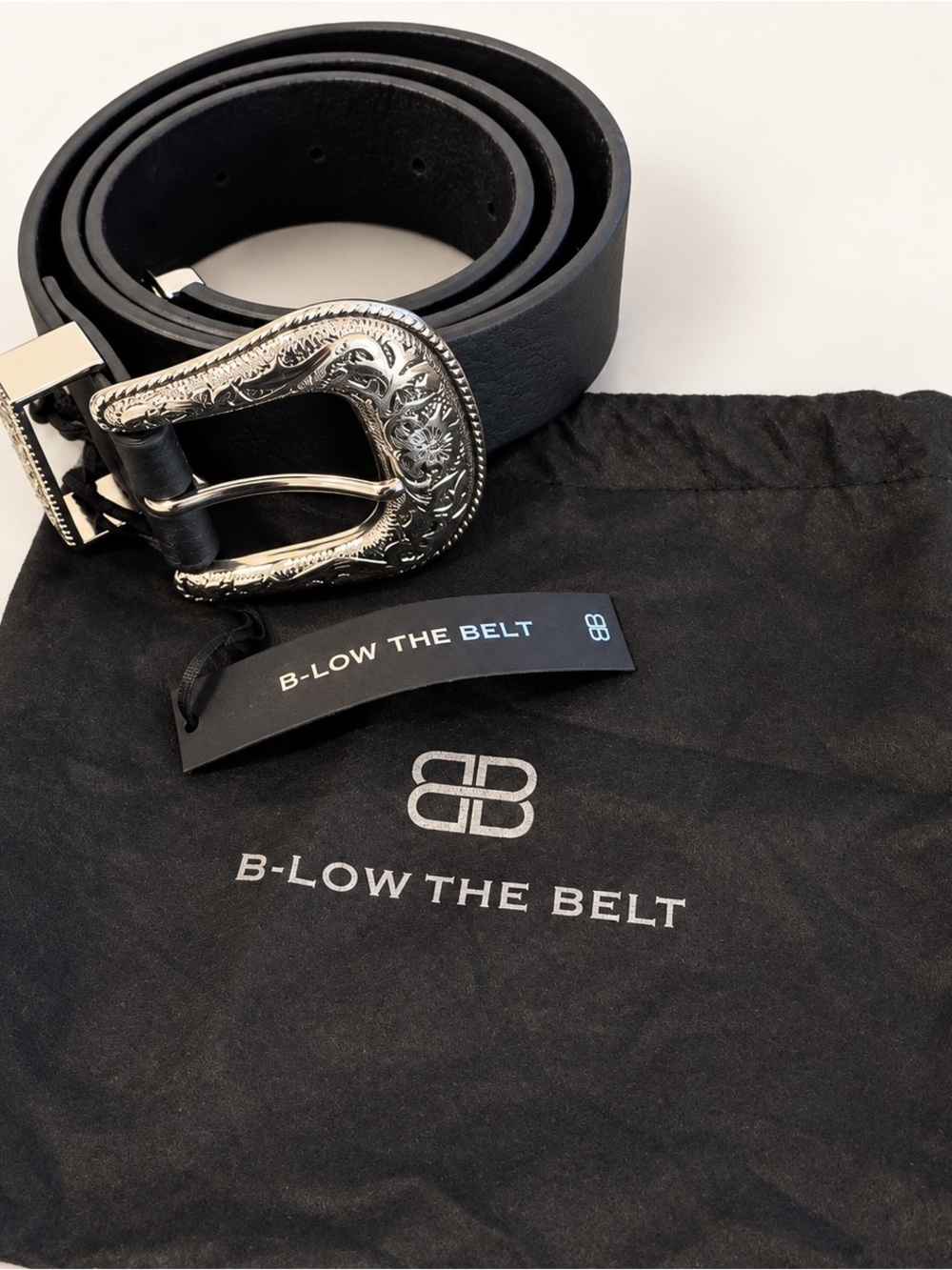 B-Low the Belt Black Leather Belt with Engraved Silver Western Buckle